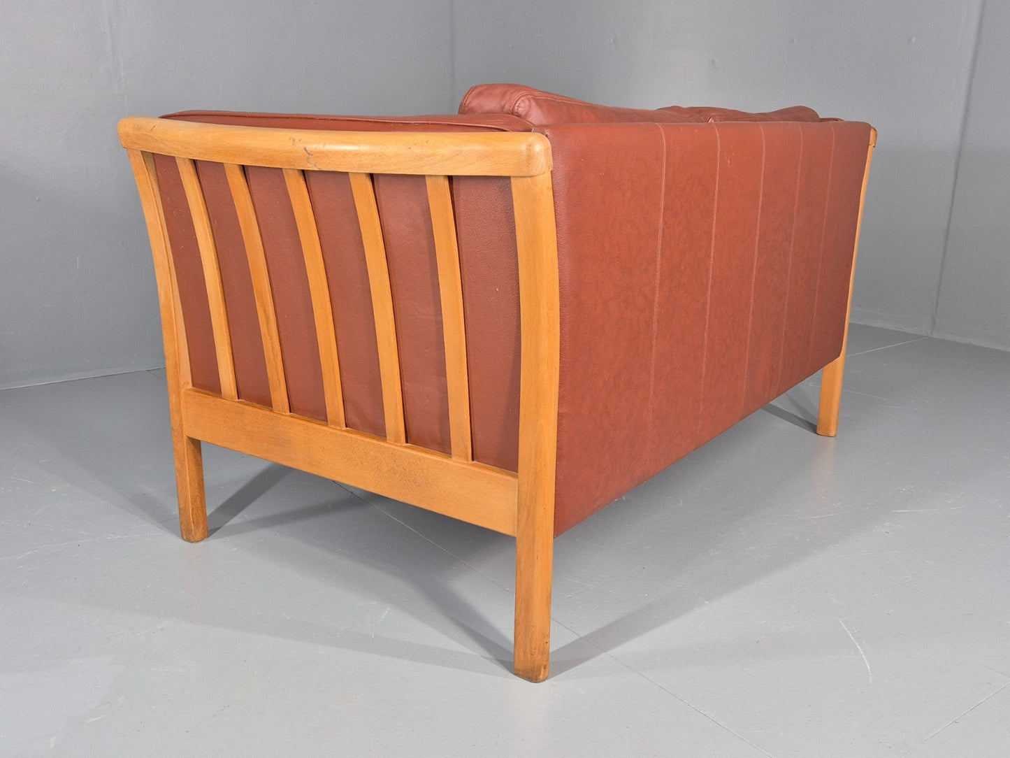 Vintage Stouby 2 Seat Sofa Reddy Brown Leather Beech Ends Retro EB10509 M2SS20