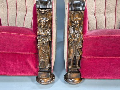 Art Deco Style Armchairs Pair Carved Oak Figures Creme Red Velour EB9586 VCAR - UKDK FURNITURE