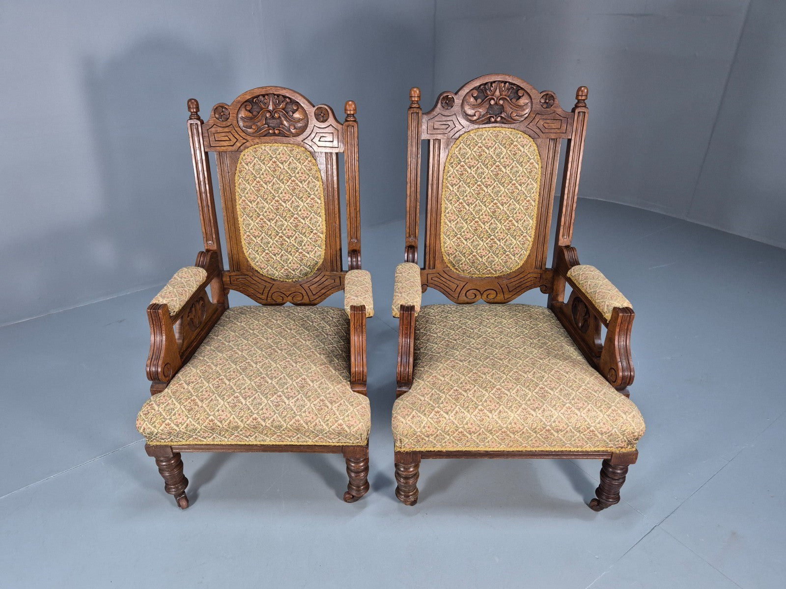 2 Edwardian Carved Oak Lounge Chairs Embroidery Upholstery 1900s EB10690 VCAR3