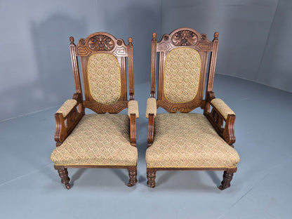 2 Edwardian Carved Oak Lounge Chairs Embroidery Upholstery 1900s EB10690 VCAR3