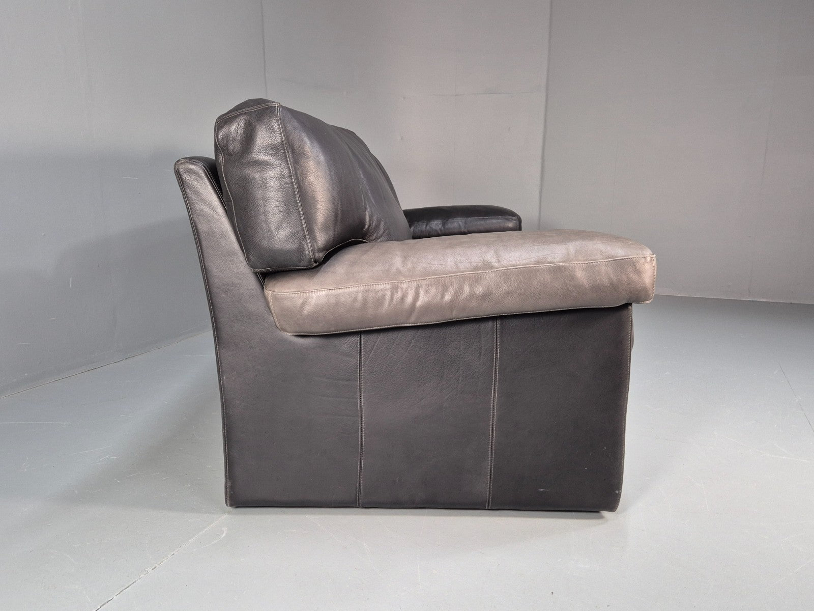 1980s Two Seater Sofa Faded Black Leather Boxy Style Retro Danish EB10714 M2SS11