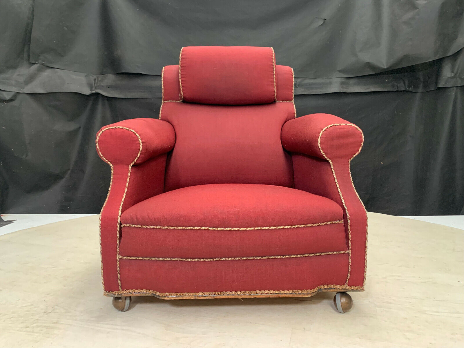 EB2597 Dark Red Fabric Arm Chair with Castors for Reupholstery VintageVCLO - UKDK FURNITURE