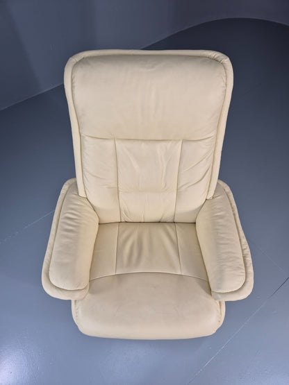 Vintage Danish Swivel Recline Lounge Chair Cream Leather 1990s  EB11400 MSWI14