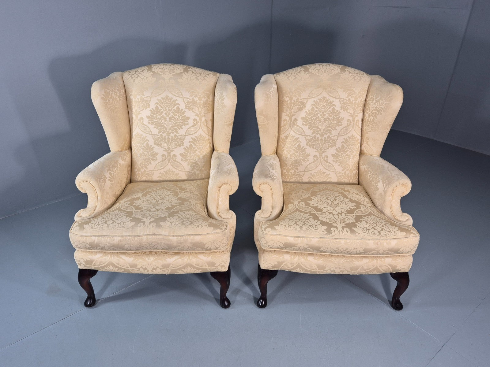 Georgian Style Wingback Armchairs Pair Gold Floral Fabric EB10934 VCLO2