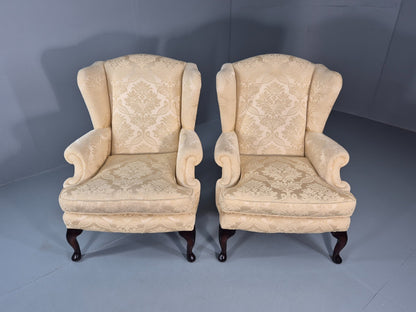 Georgian Style Wingback Armchairs Pair Gold Floral Fabric EB10934 VCLO2