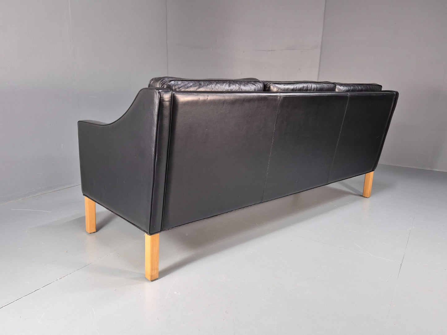 Vintage 3 Seater Leather Sofa Danish Mogensen Style Black 1980s EB10689 M3SS17