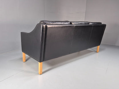 Vintage 3 Seater Leather Sofa Danish Mogensen Style Black 1980s EB10689 M3SS17