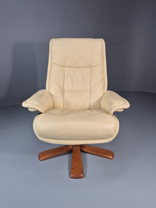 Vintage Danish Swivel Recline Lounge Chair Cream Leather 1990s  EB11400 MSWI1