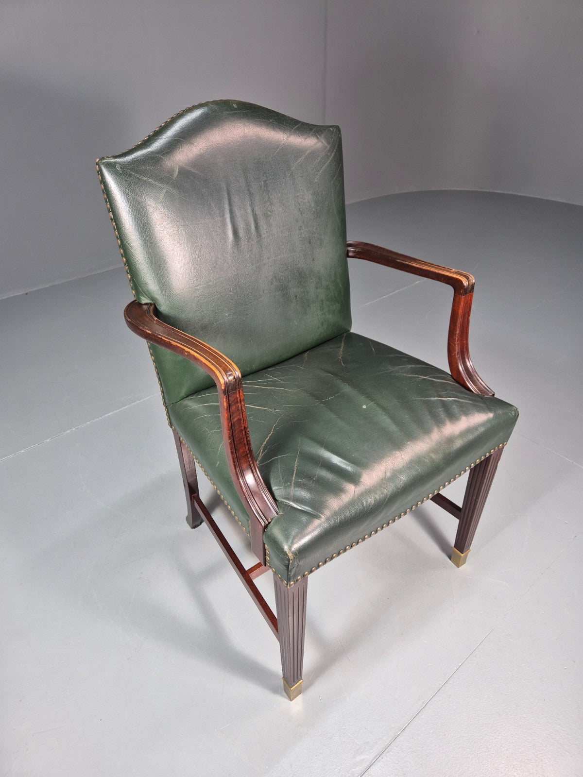 Georgian Style Elbow Chair Green Leather Mahogany Frame Danish 1970 EB10809 VLEA16