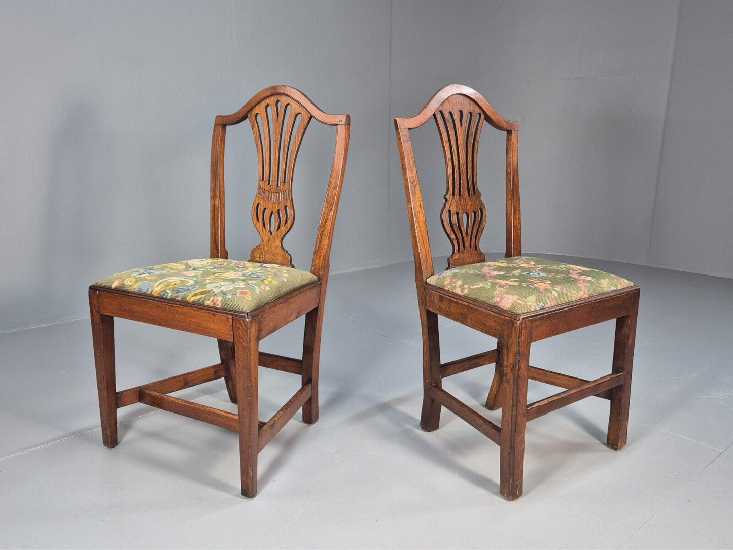 2 Vintage Oak Dining Chairs Green Floral Georgian Style Antique EB9084 VDIN - UKDK FURNITURE