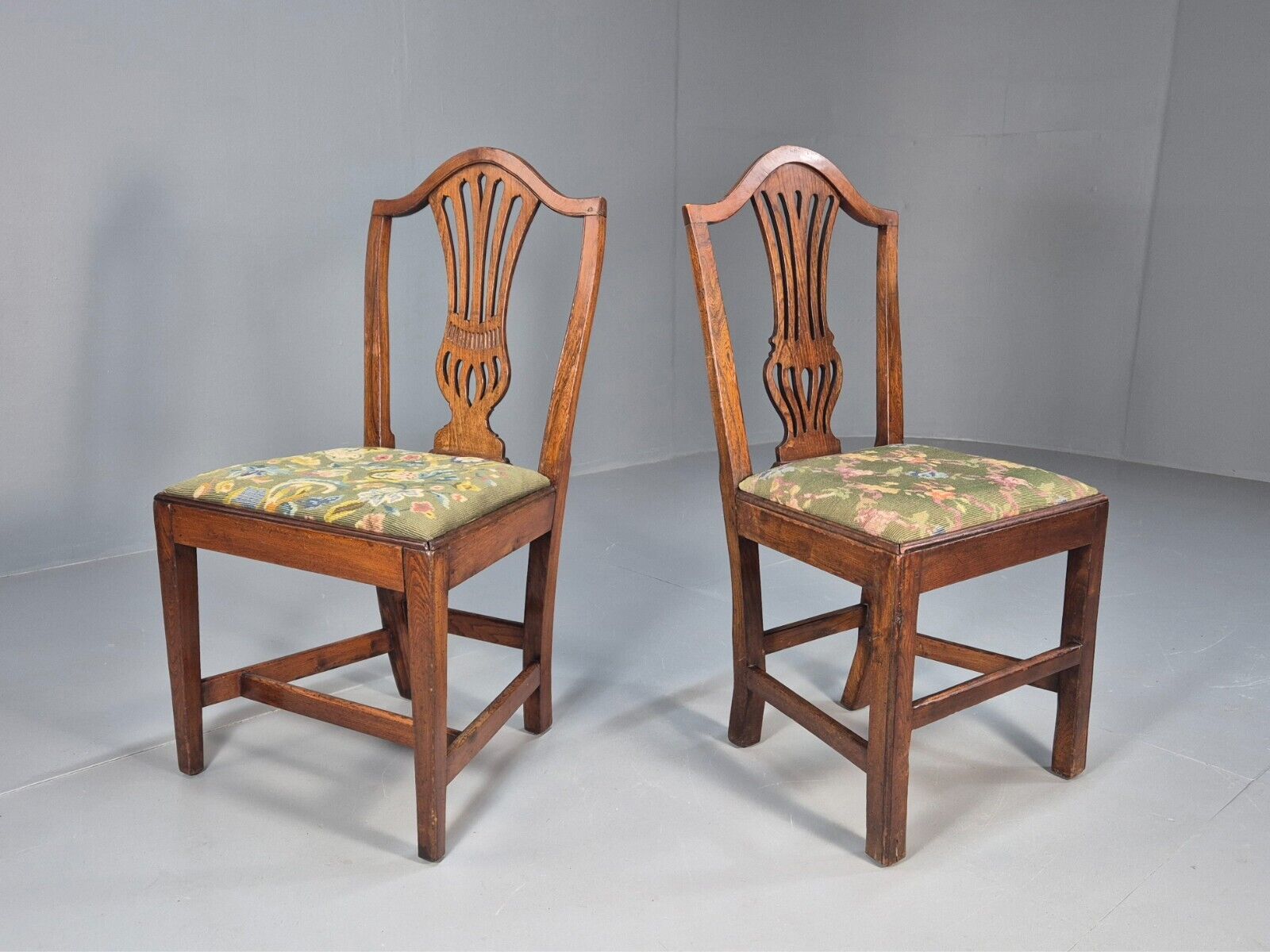 2 Vintage Oak Dining Chairs Green Floral Georgian Style Antique EB9084 VDIN - UKDK FURNITURE