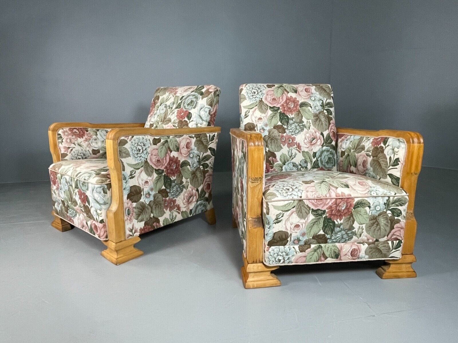 EB6654 2 Vintage Danish Lounge Chairs Floral Honey Oak Art Deco Antique VCLO - UKDK FURNITURE