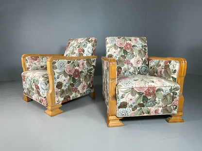 EB6654 2 Vintage Danish Lounge Chairs Floral Honey Oak Art Deco Antique VCLO - UKDK FURNITURE