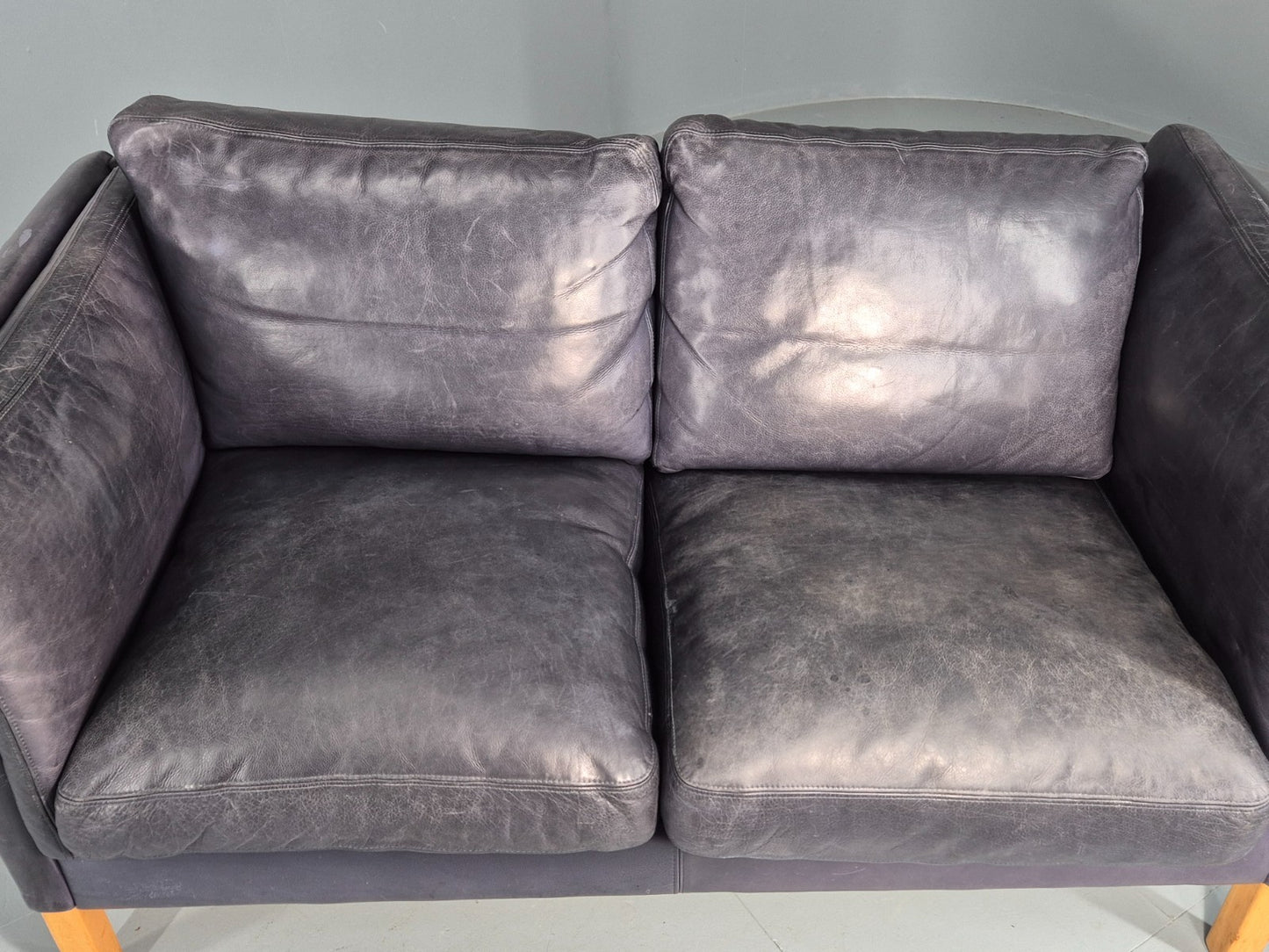 Vintage 2 Seater Sofa Danish Blue Leather Mid Century 1980s Retro EB9069 M2SS20
