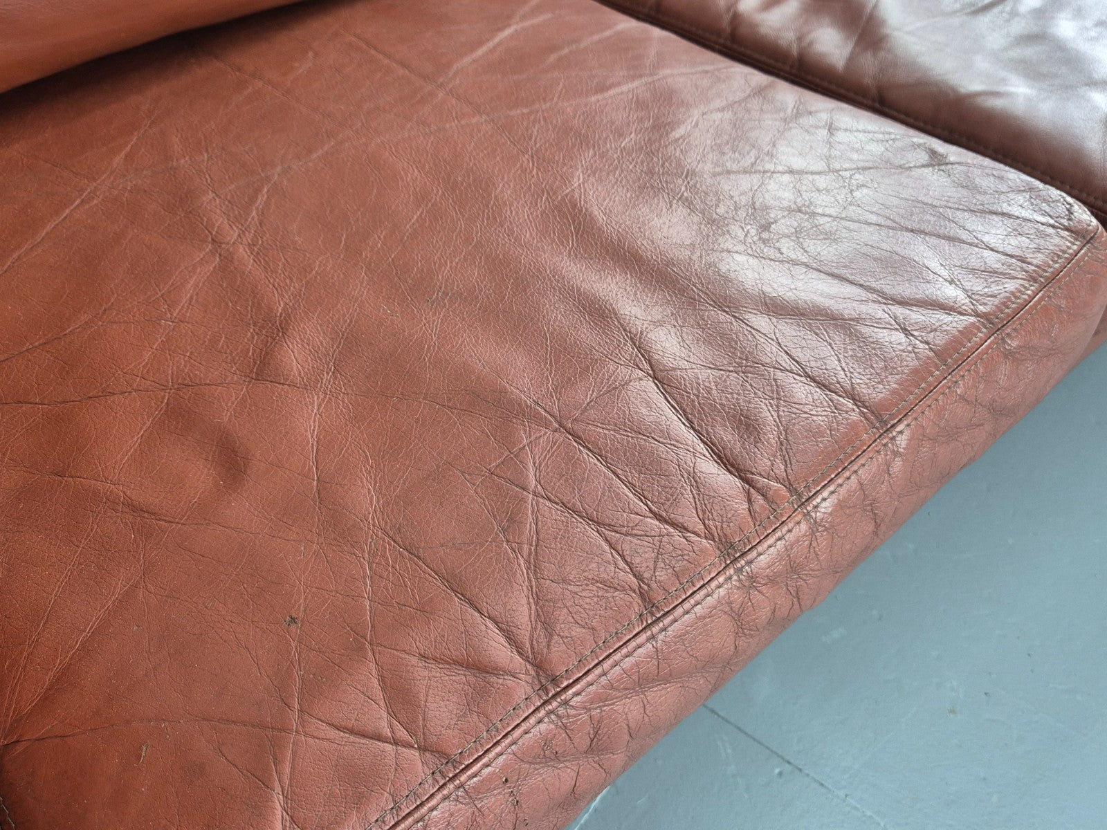 Vintage Stouby 3 Seat Sofa Reddy Brown Leather Beech Wood Slat EndsEB10525 M3SS20