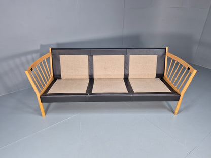 Mid Century Three Seater Sofa Beech Ends Black Leather 1980s Retro EB10399 M3SS8