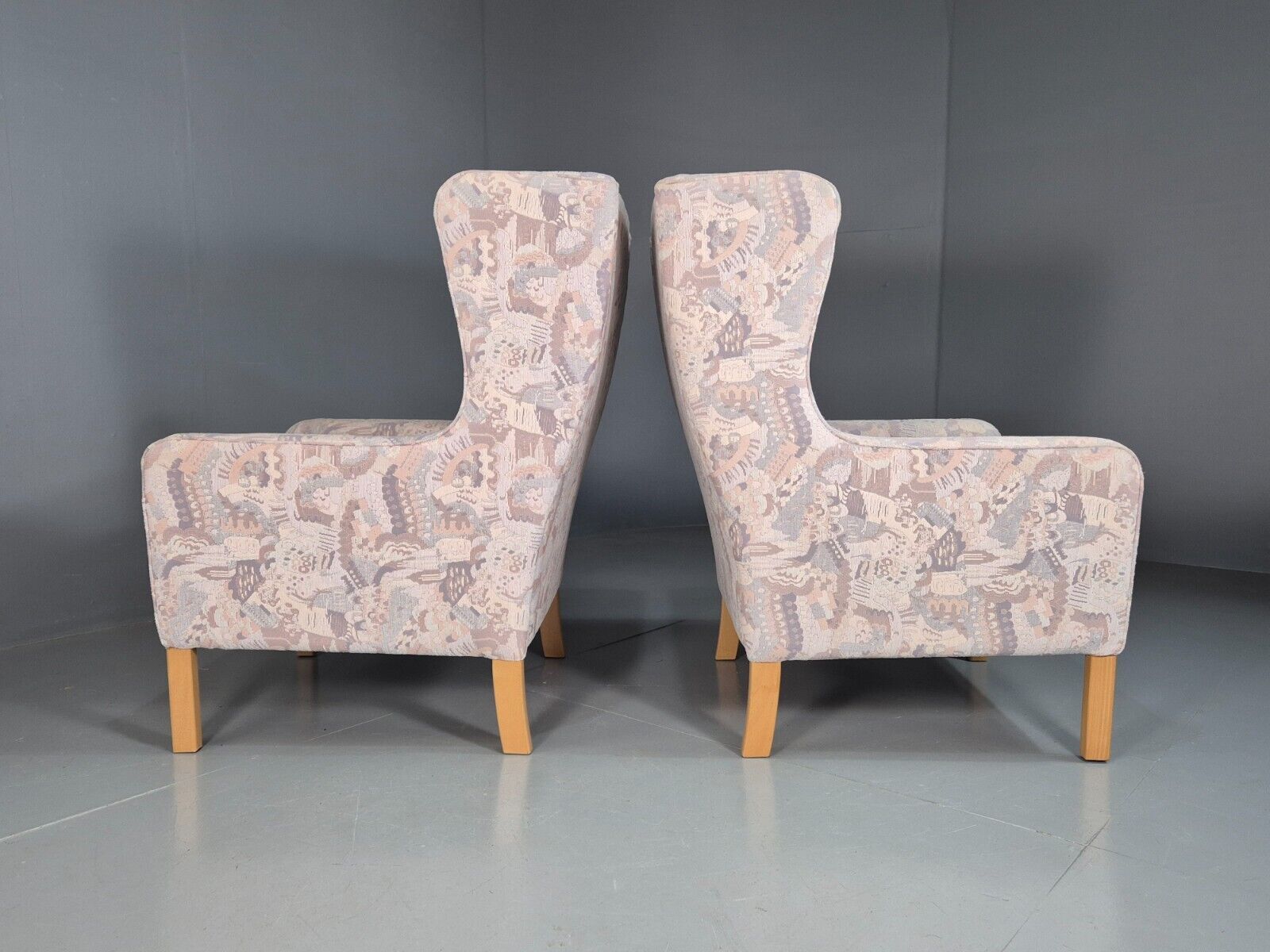 2 Vintage Danish Wing Back Lounge Chairs Cotton 1980s Fabric Retro EB8289 MNOR - UKDK FURNITURE