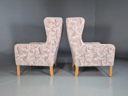 2 Vintage Danish Wing Back Lounge Chairs Cotton 1980s Fabric Retro EB8289 MNOR - UKDK FURNITURE
