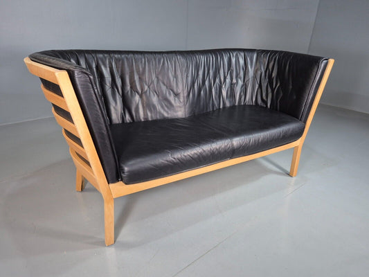 Vintage Danish 2 Seat Sofa Black Leather Beech Stouby Retro MCM EB7447 M2SS - UKDK FURNITURE