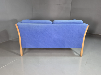 2 Seat Sofa Vintage Danish Blue Wool Beech Frame 1980s Retro MCM EB7333 M2SS14