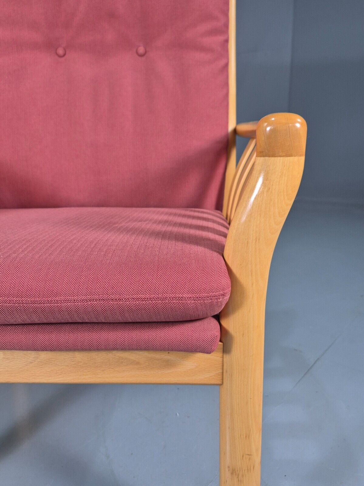 Vintage Danish Lounge Chair Red Cotton Beech Wood Frame 1980s Retro EB7490 MNOR - UKDK FURNITURE