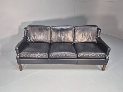 Vintage Three Seat Sofa Black Leather Danish 1960s Mid Century EB10208 M3SS3