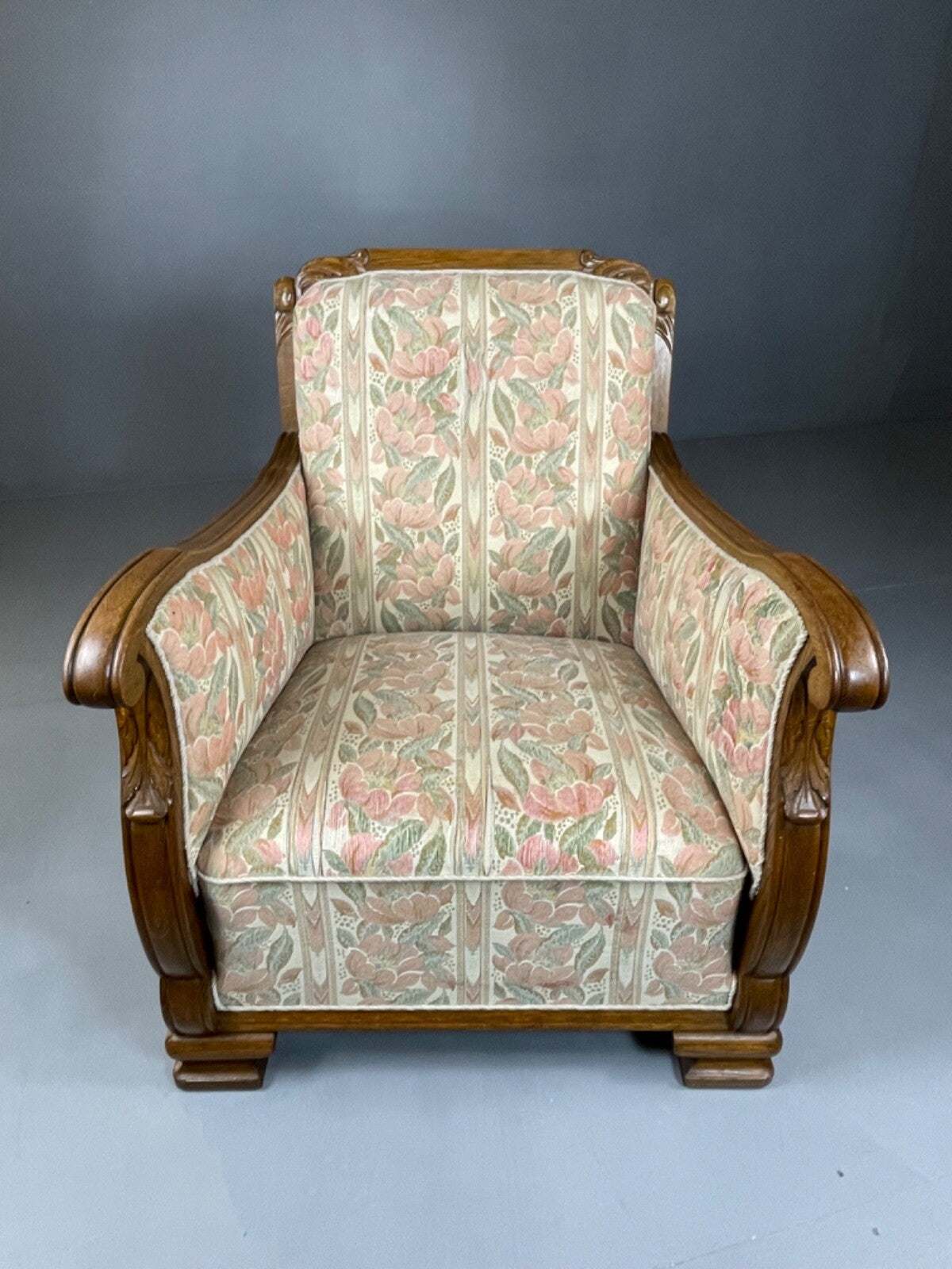 Danish Upholstered Armchair Circa 1930s Oak Framed Floral Retro EB4510 VCAR3