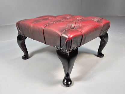 Vintage Red Leather Chesterfield Queen Anne Style Footstool Retro EB9389 VWOO - UKDK FURNITURE