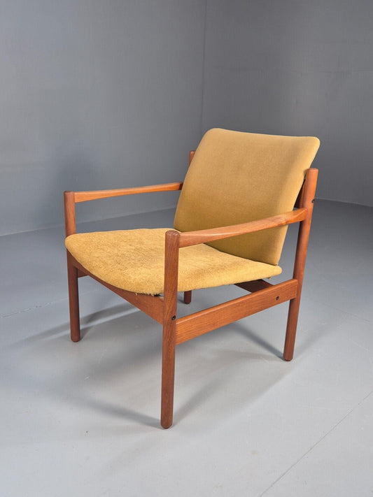 Vintage Danish Lounge Chair Yellow Cotton Teak 1960s Retro MCM EB8762 MNOR - UKDK FURNITURE