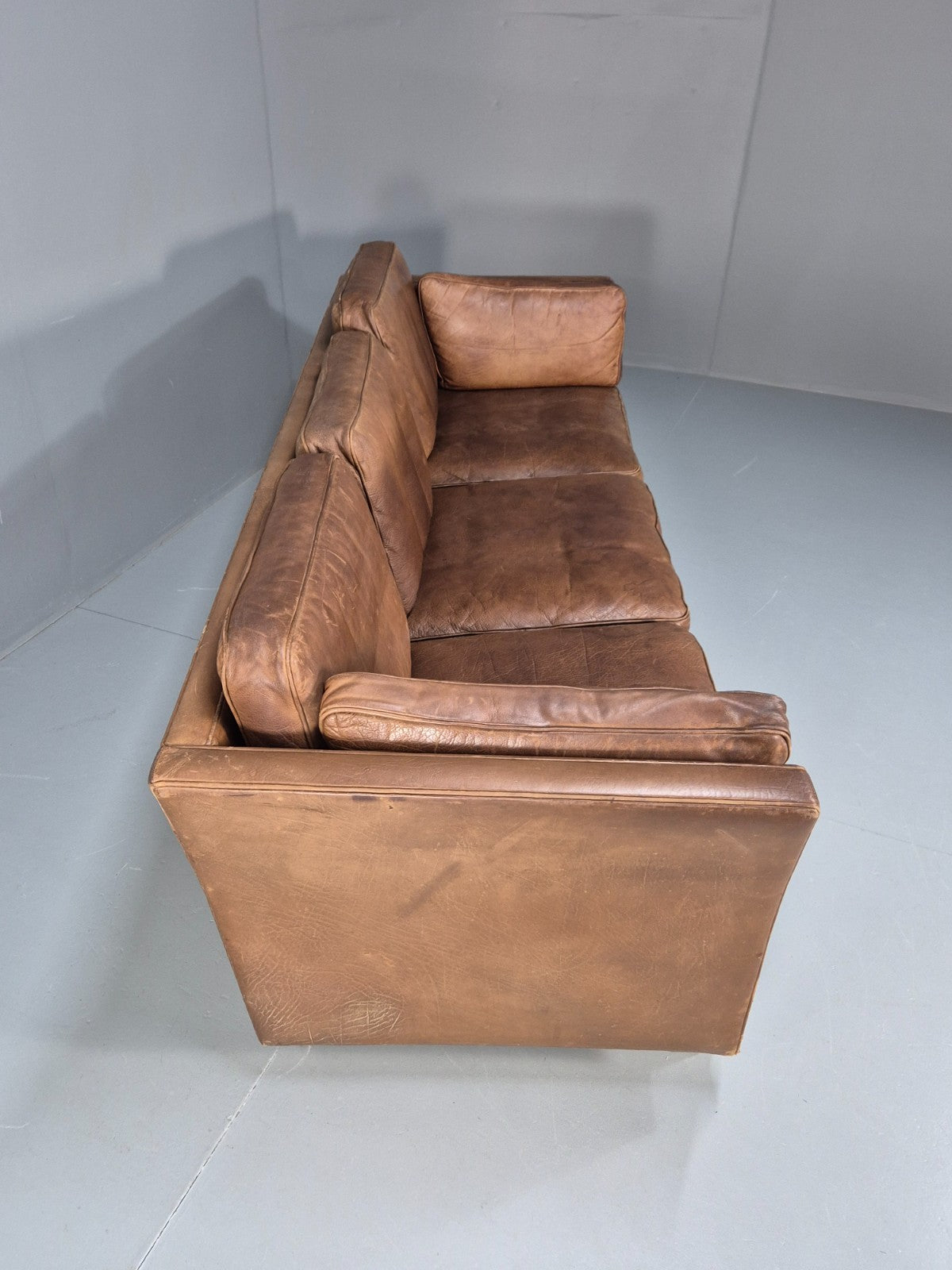 Mid Century 3 Seater Leather Sofa Danish Tan Leather  1970s Retro EB10102 M3SS14