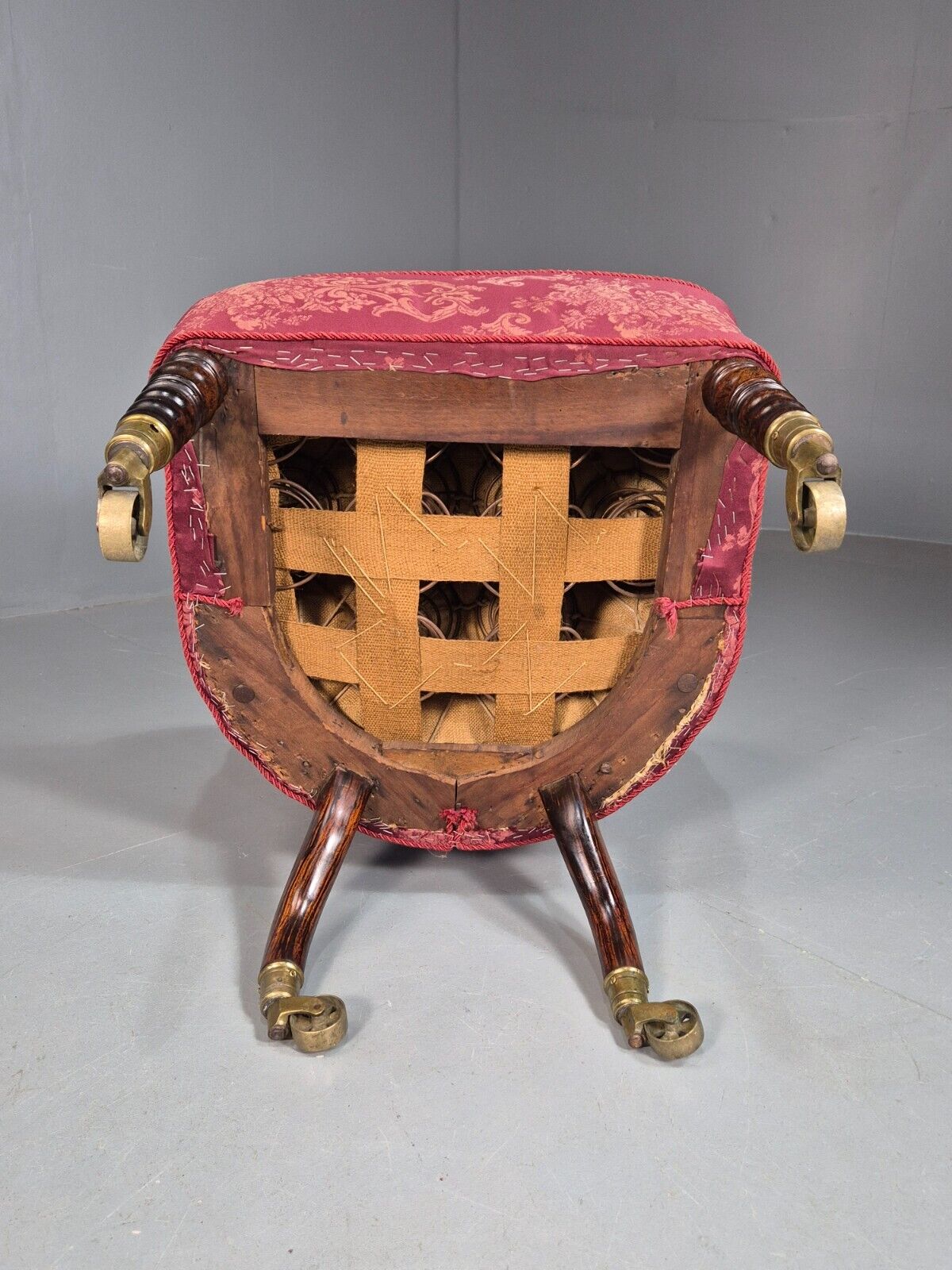 Antique Danish Occasional Chair Pink Satin Floral Motif Oak Brass EB8051 VCLO - UKDK FURNITURE