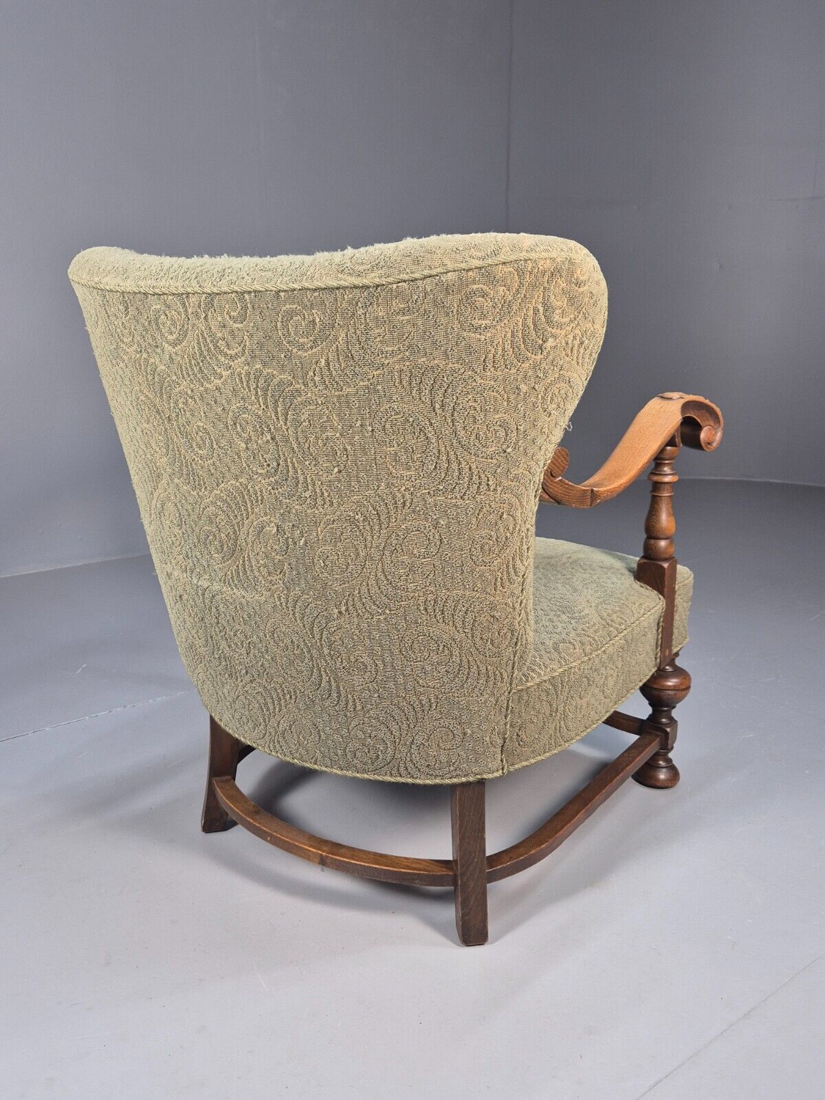 Vintage Danish Lounge Chair Green Moquette Carved Oak Frame 1940s EB8998 VCLO - UKDK FURNITURE