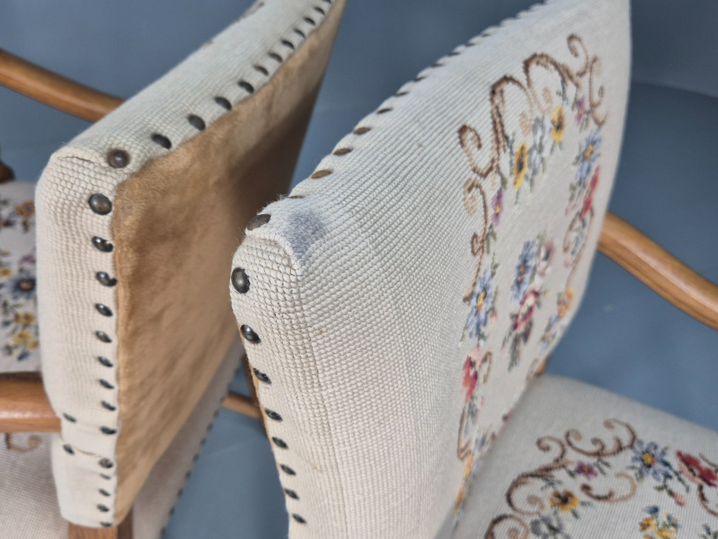 2 Baroque Elbow Chairs Oak Frame Vintage Denmark Floral Upholstery EB10727 VCAR8