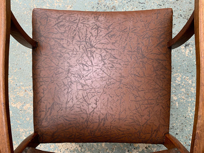 Danish Oak & Brown Vinyl High-Back Arm Chair Elbow Desk Vintage EB1949 VDIN - UKDK FURNITURE