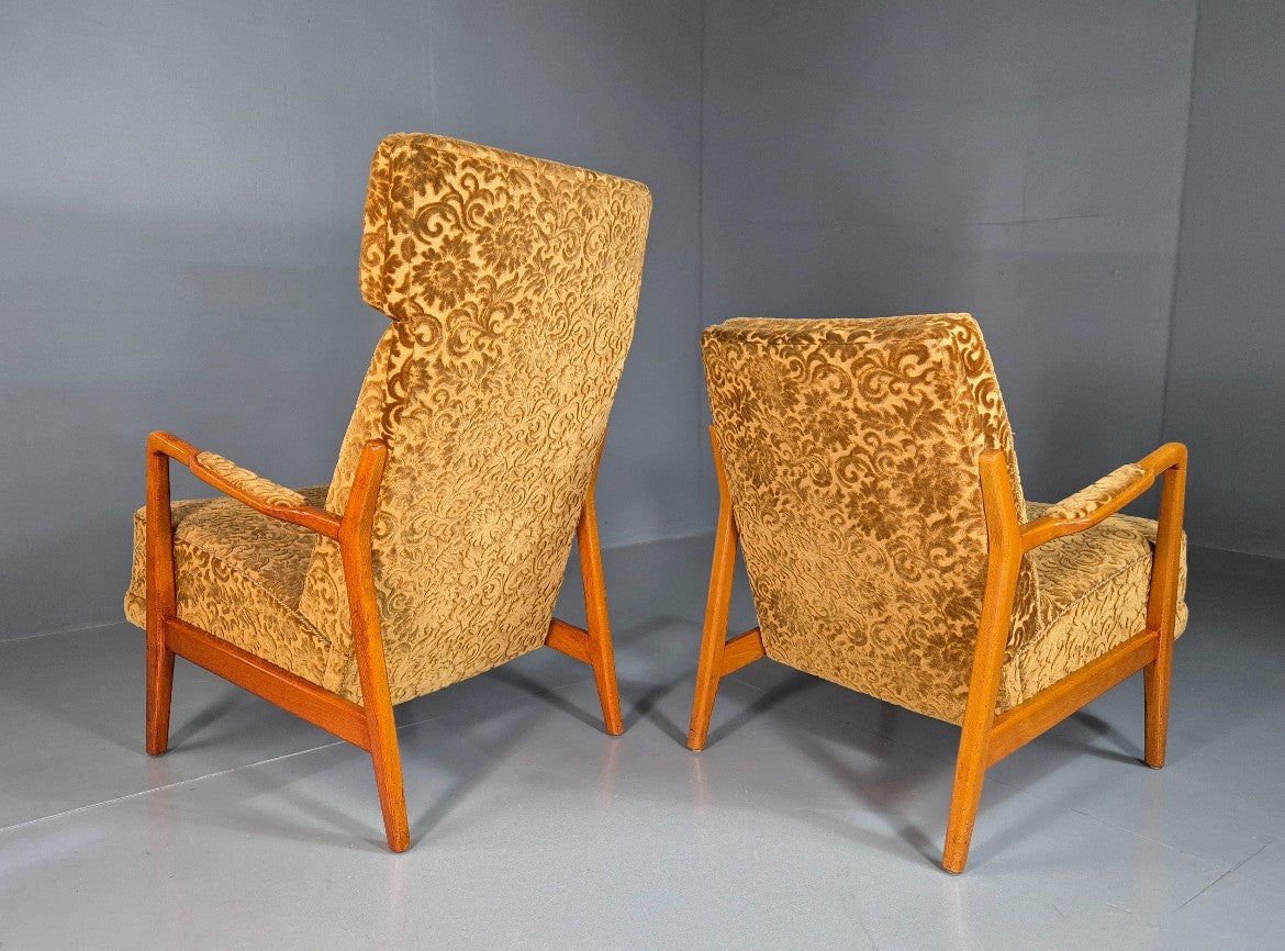 2 Swedish Lounge Chairs Gold Floral Moquette Beech Vintage 1960s MCM EB7031 MNOR8