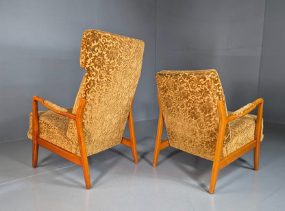 2 Swedish Lounge Chairs Gold Floral Moquette Beech Vintage 1960s MCM EB7031 MNOR8