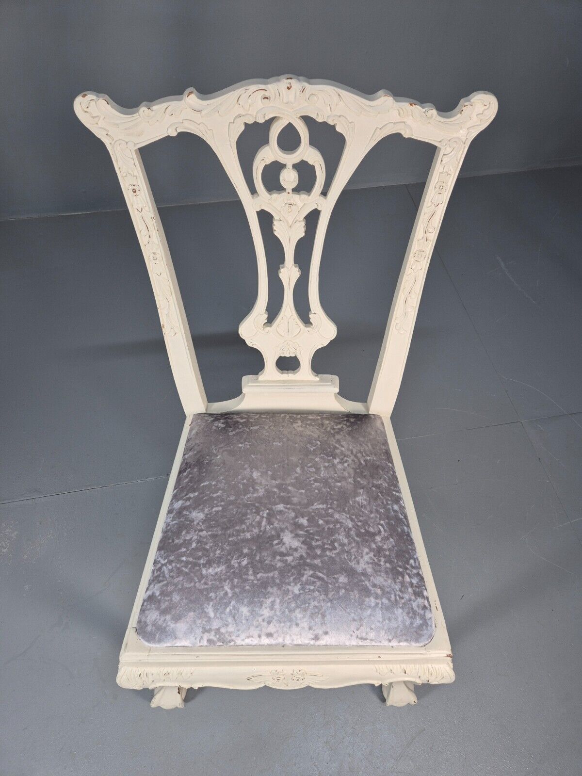 6 Vintage Chippendale Style Chairs White Painted Blue Chenille 1950s EB9394 VDIN - UKDK FURNITURE