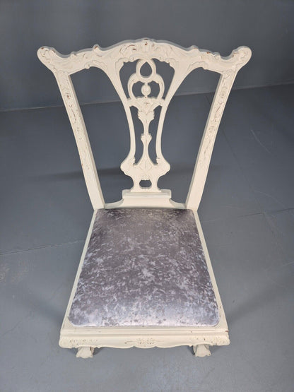 6 Vintage Chippendale Style Chairs White Painted Blue Chenille 1950s EB9394 VDIN - UKDK FURNITURE