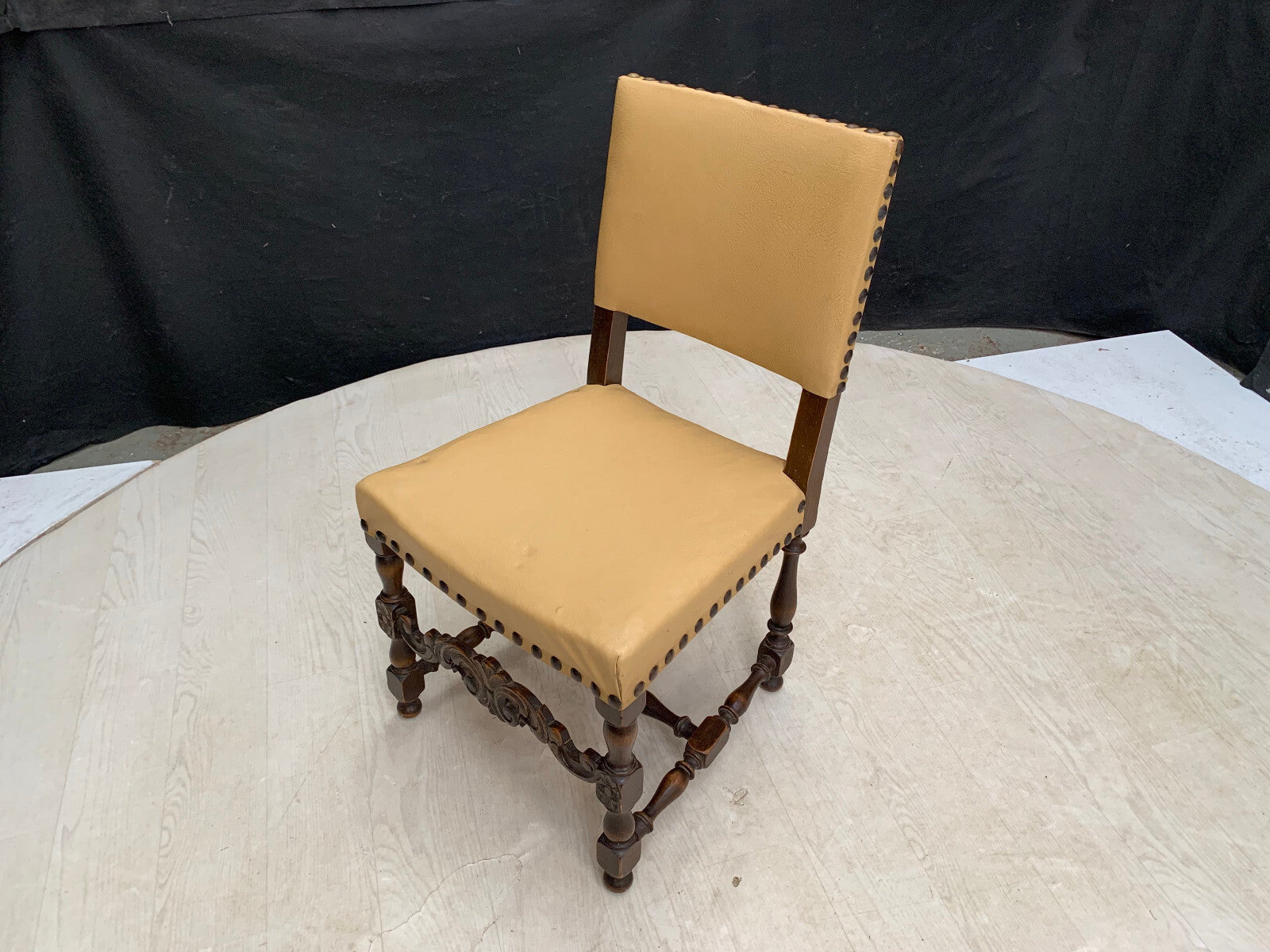 Danish Carved Dining Chair Studded Oak  with Tan Vinyl Vintage EB2915 VDIN4