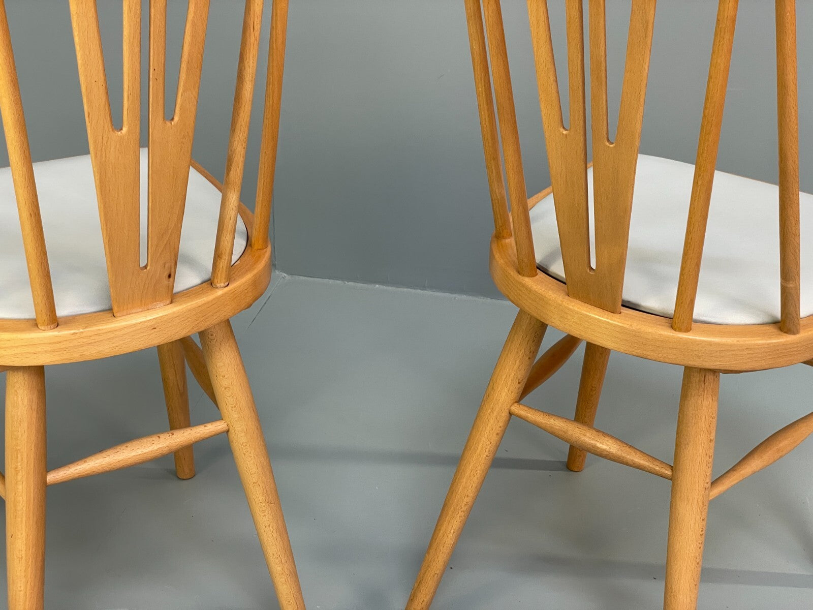 Mid Century Beech Dining Chairs Pair Off White Vinyl 1960s EB9779 MDIN - UKDK FURNITURE