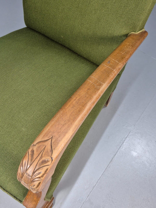 Vintage Danish Lounge Chair Green Wool Wood Arms Art Deco 1950s EB8973 VCLO - UKDK FURNITURE