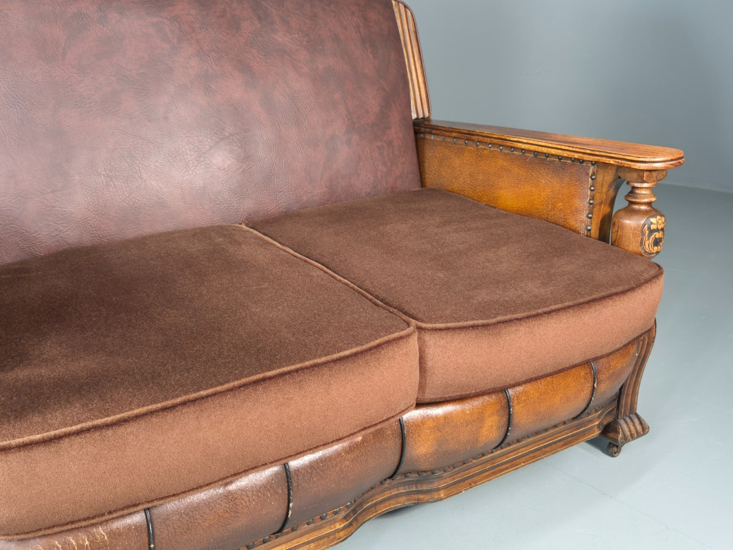 Two Seater Edwardian Sofa Baroque Oak Frame Rexine and Velour EB11265 V2SS3