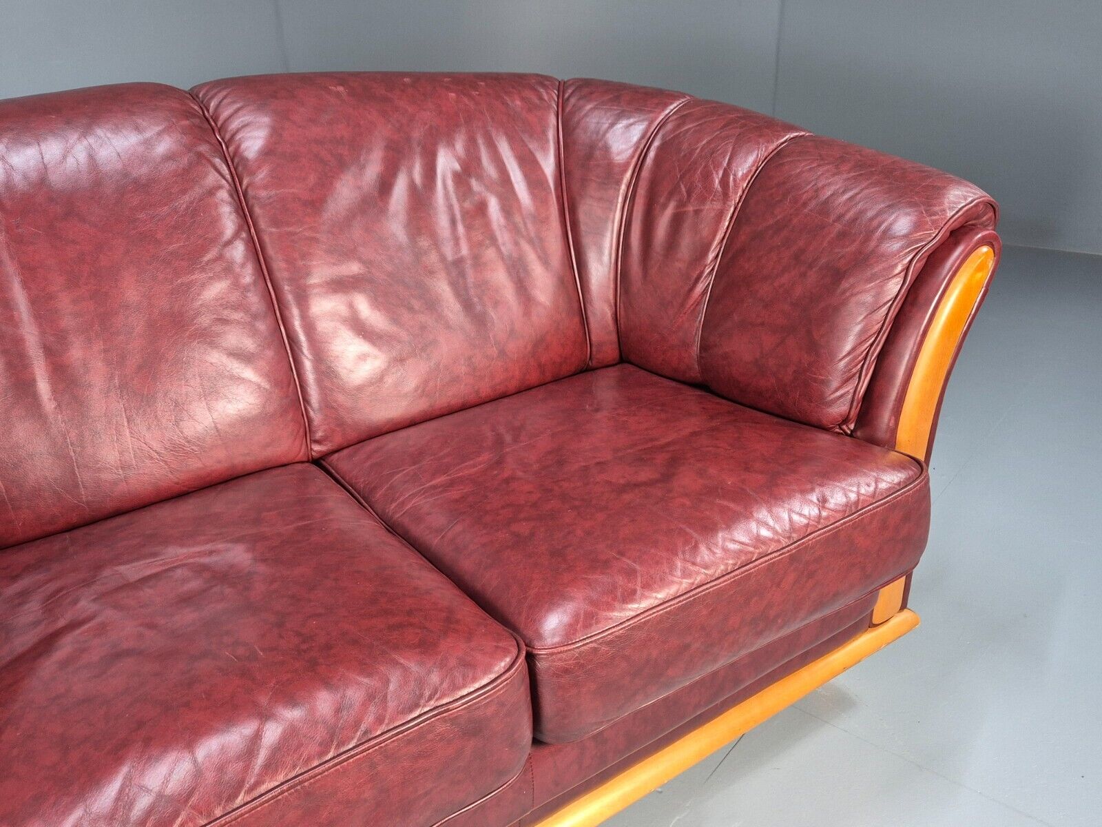 Vintage Danish 2 Seat Sofa Red Leather Wood Trim 1990s Retro EB8567 M2SS - UKDK FURNITURE
