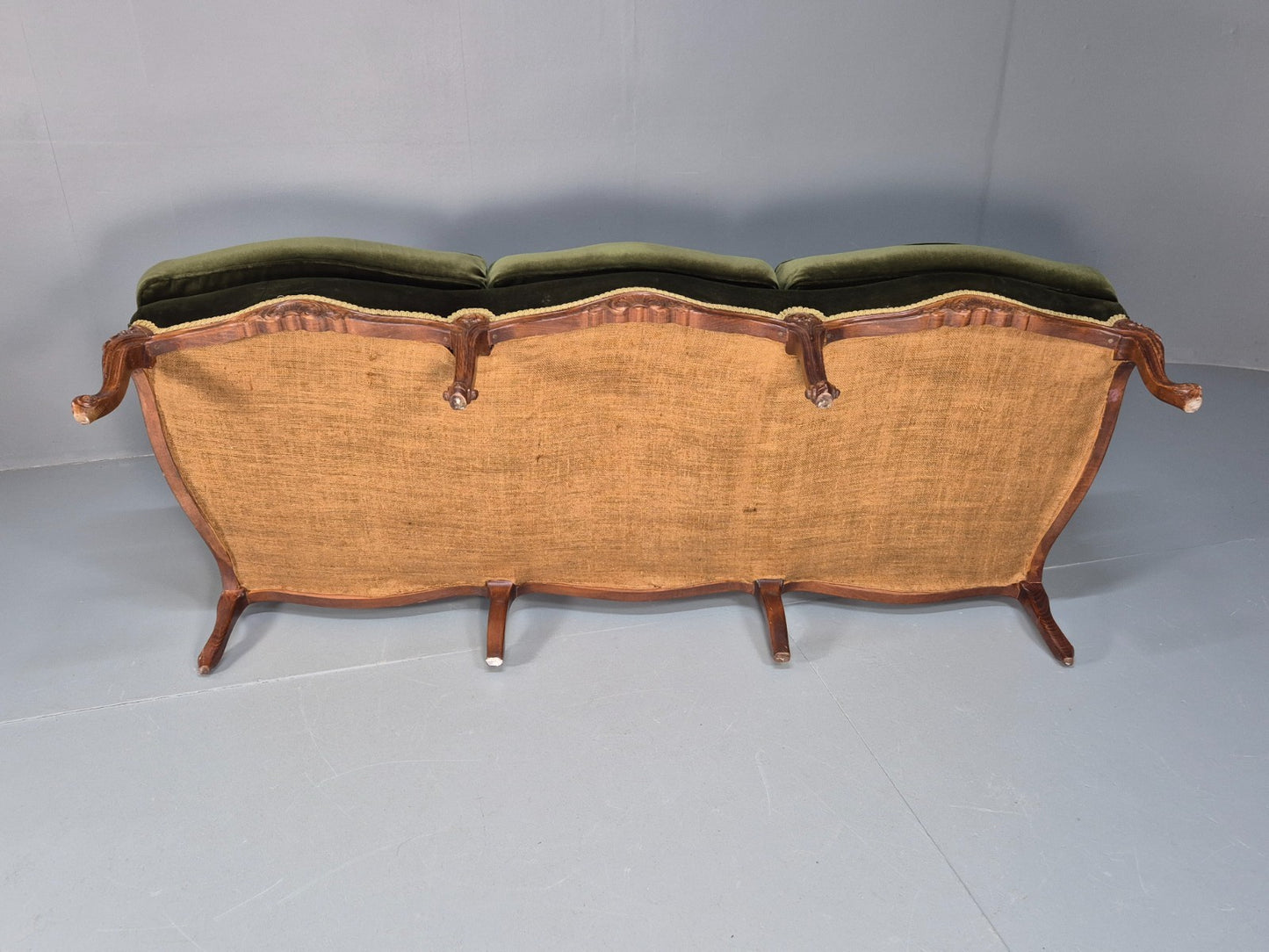 Vintage Rococo Style Three Seater Sofa Green Velour Carved Frame   EB10567 V3SS10