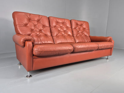 Vintage 3 seat Settee 1970s Retro Danish Red Tan Leather Buttoned EB10555 M3SS0