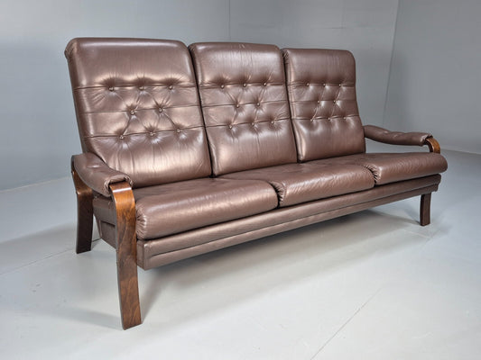 Vintage danish 3 seat Brown Leather Sofa Bentwood Frame 1980s Retro EB9079 M3SS - UKDK FURNITURE