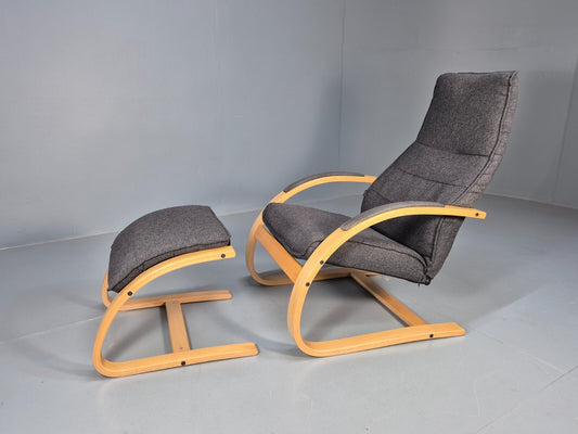 Vintage Danish Bentwood Chair and Footstool Verikon Grey Wool Retro EB9686 MBEN - UKDK FURNITURE