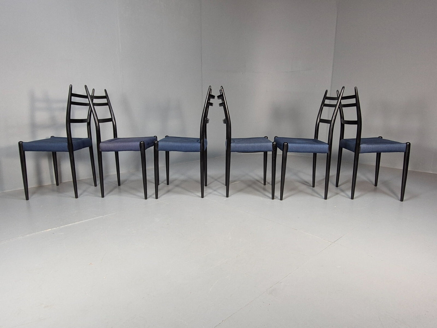Vintage G Plan Dining Chairs Black Teak Blue Fabric Italian Style EB9488 MDIN - UKDK FURNITURE