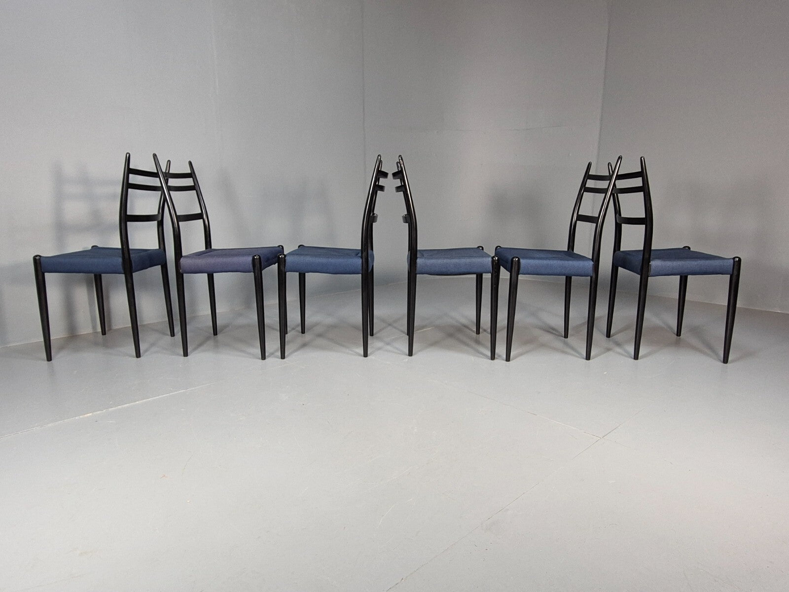 Vintage G Plan Dining Chairs Black Teak Blue Fabric Italian Style EB9488 MDIN - UKDK FURNITURE