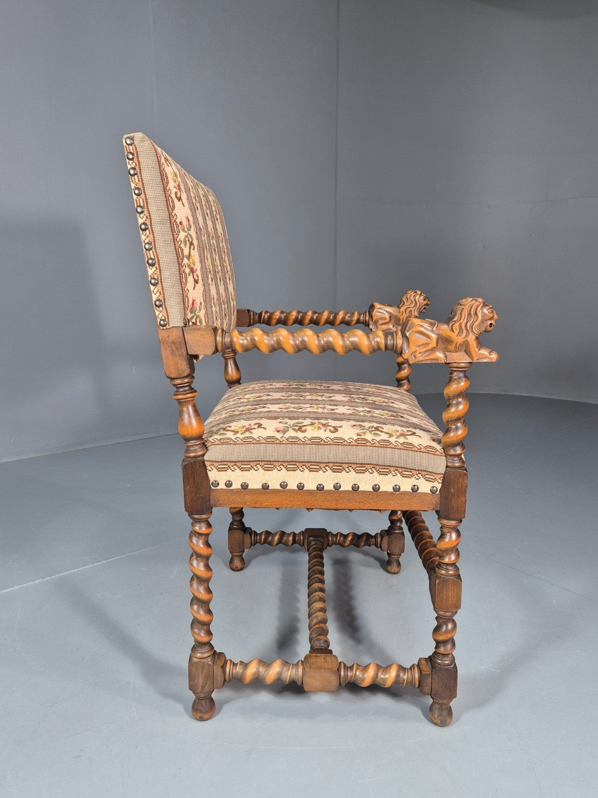 17th Century Style Carved Chair Lions Arms Barley Twist Frame 1960 EB10774 VCAR5